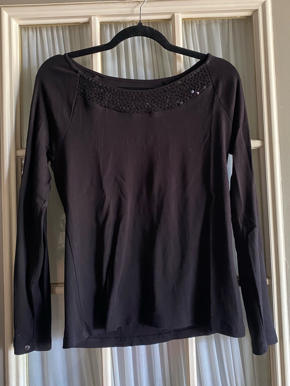 Talbots Black Long-Sleeve Scoop Neck Top with Sequin Trim